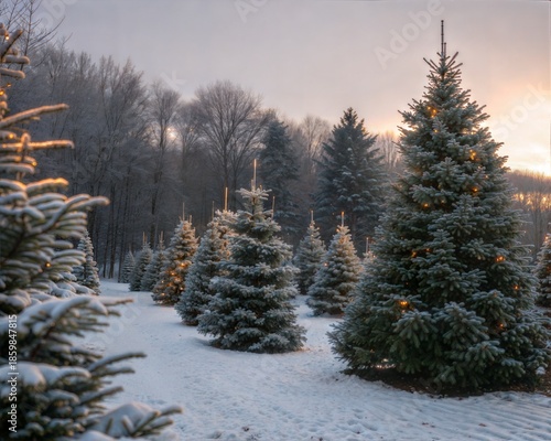 A bright winter day in the middle of a snowy forest - tree branches covered with snow