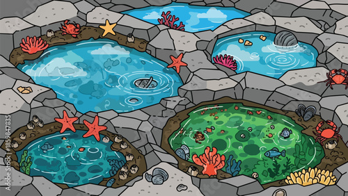 Vibrant coastal rock pools teeming with diverse marine life including starfish, crabs, small fish, shells, and colorful corals, reflecting a lively