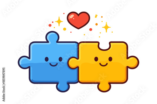 Love connection illustration, two puzzle pieces with heart and unity