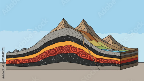 Detailed cross-section of Earth's geological structure illustrating layered strata and fault lines