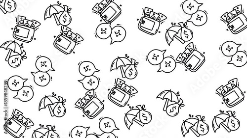 A seamless pattern featuring hand-drawn line art illustrations of finance related objects such as wallet, umbrella, money bag, and conversation bubble. Ideal for backgrounds, packaging, or any design 