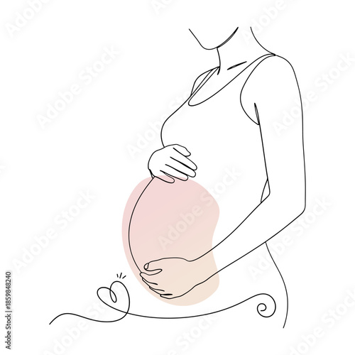 minimal line art illustration of pregnant woman belly with heart symbol