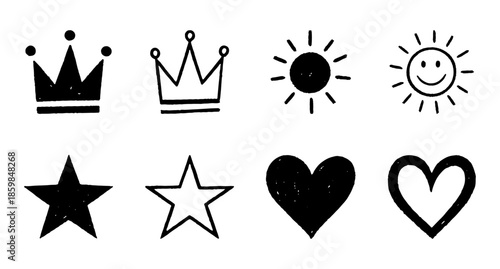 hand drawn doodle icon set with crown sun star and heart