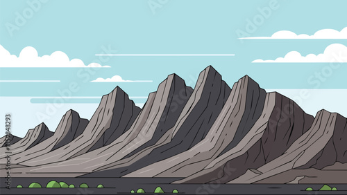 Captivating vector illustration depicting a majestic mountain range with angular peaks beneath a serene blue sky with gentle clouds and sparse green