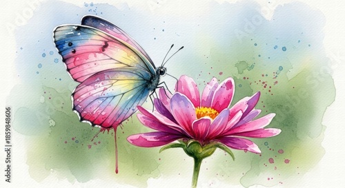 Watercolor Butterfly on a Pink Flower: Delicate butterfly alights gently upon a vibrant pink flower. An explosion of color and an ode to beauty and fragility in the wild