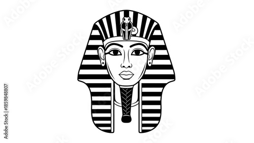 Striking black and white illustration of an ancient Egyptian pharaoh's mask