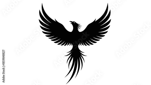 Striking Silhouette of a Majestic Phoenix in Full Flight Against White Background