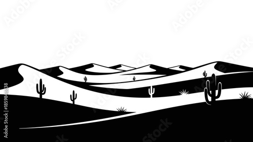 Stylized Black and White Desert Landscape with Saguaros and Sand Dunes