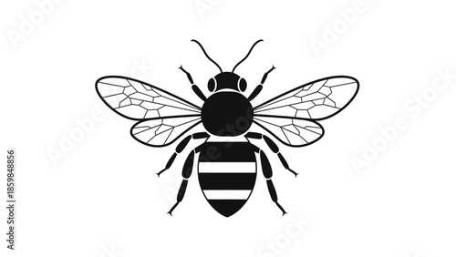 Stylized black and white illustration of a bee on a white background