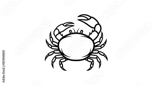 Stylized black and white line art illustration of a crab with claws raised on a white background