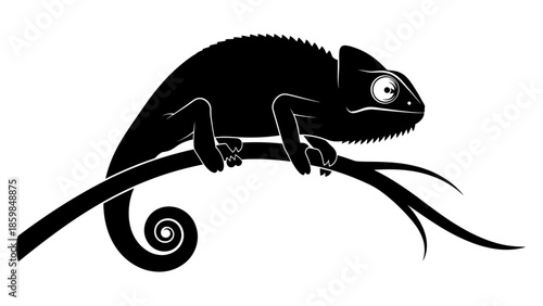 Stylized black silhouette of a chameleon perched on a branch with a coiled tail