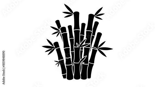 Stylized black silhouette of bamboo stalks and leaves against a white background