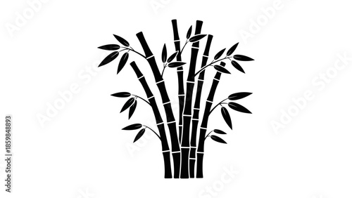 Stylized Black Silhouette of Bamboo Stalks with Leaves on a White Background