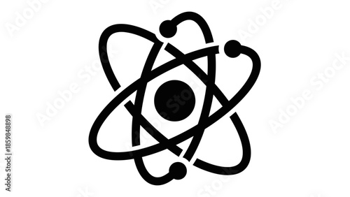 Stylized black atom symbol with orbiting electrons on a white background