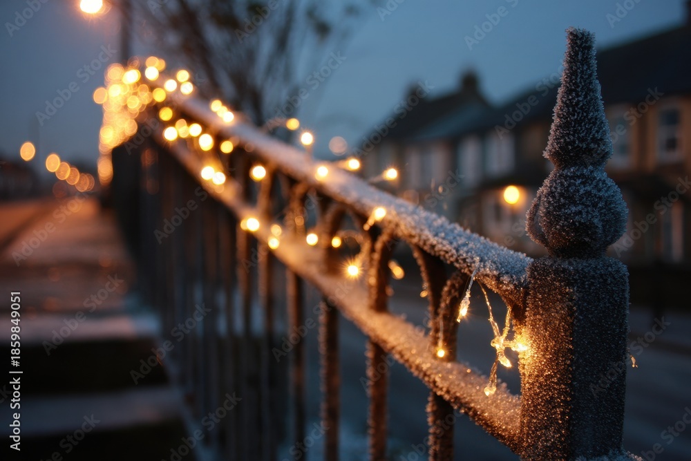 Fototapeta premium Frosted Iron Fence with Christmas Lights in Winter Evening Glow