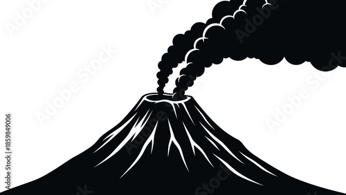 Volcano erupting with dark smoke plumes against a white background illustration