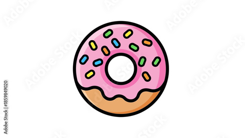 Whimsical Pink Frosted Donut with Colorful Sprinkles Isolated on White Background Cartoon Style