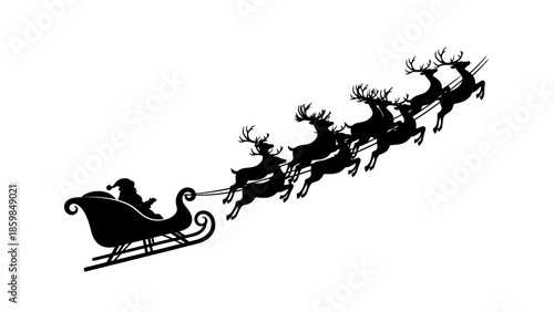 Santa Claus Silhouette Flying in Sleigh Pulled by Reindeer on White Background Christmas