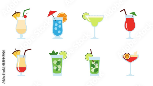 Set of colorful tropical cocktail illustrations and party drinks for summer refreshment