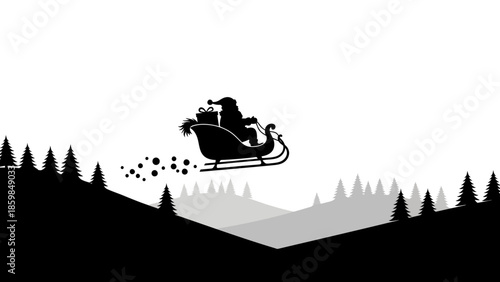 Santa Claus silhouette in a sleigh flying over a winter forest landscape delivering gifts