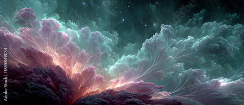 Abstract Colorful Nebula Scene with Bright Cloud Formations and Starry Sky in Cosmic Space