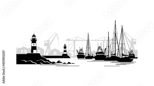 Black and white vector illustration of a harbor with boats and lighthouses.