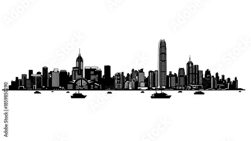 Hong Kong city skyline silhouette illustration on a white background.
