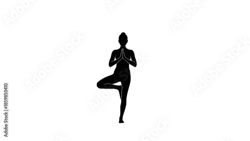 Silhouette of a woman in tree yoga pose against a white background.