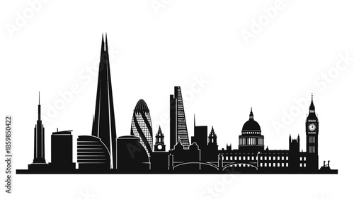 London skyline silhouette with famous buildings and landmarks in black and white.