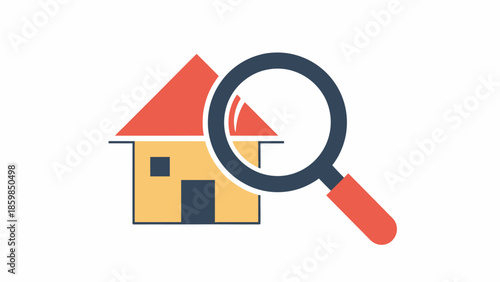 Magnifying Glass Examining House Icon Illustration.