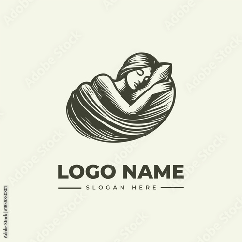A minimalist logo design featuring a sleeping woman wrapped in fabric with a placeholder text for logo name and slogan in a simple, monochromatic style.