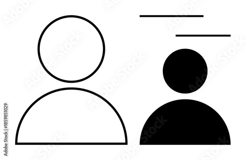 Black-and-white user profile outlines, one filled and one outlined, with horizontal lines above. Ideal for identity, roles, contrast, profiles, user information, minimalism and modern flat metaphor