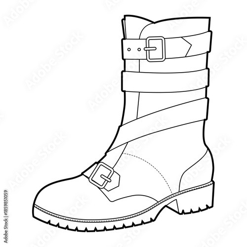 Biker strap boot women single line. Triple buckle block heel boot for concert night festival and street look. Technical fashion illustration CAD mockup clean vector man unisex isolated modern style.