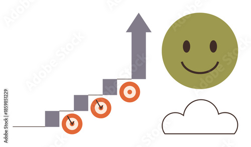 Stacked steps with three target goals, upward arrow for progress, green smiling face, and cloud. Ideal for growth, achievement, success, motivation, business strategy personal development simple