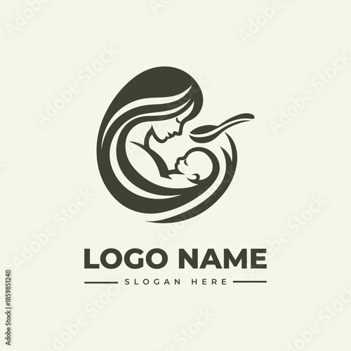 A minimalist logo illustration of a mother and baby in a circular design with the text 'LOGO NAME' and 'SLOGAN HERE' on a plain background.
