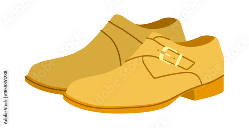 Monkstrap mens yellow flat buckle pair. Single strap leather footwear with modern formal smart casual style. Technical illustration CAD mockup sketch vector outline isolated on white background.