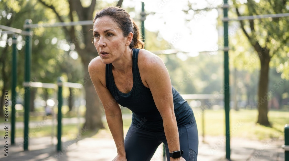 Obraz premium Mature Woman Runner Resting After Intense Workout, Tired and Focused on Fitness Goals
