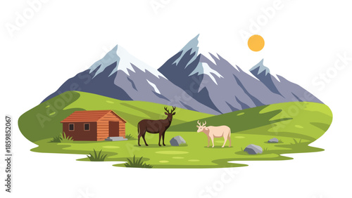 Serene alpine landscape with deer and a charming cabin surrounded by towering peaks