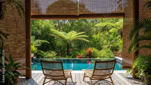Tropical poolside retreat with wooden chairs.