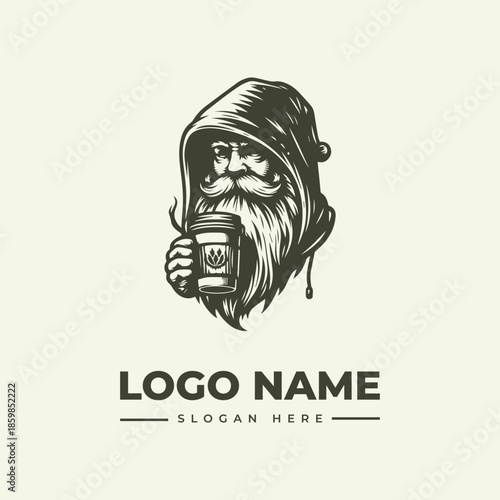 A monochromatic illustration of a bearded man wearing a hood holding a mug with a logo against a plain background for a vector logo design.