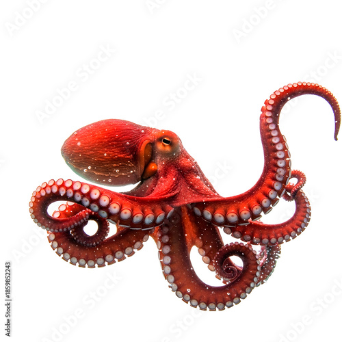 Large red octopus with curled tentacles on white isolated background