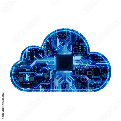 Blue cloud shaped circuit board with glowing neon lines on white background