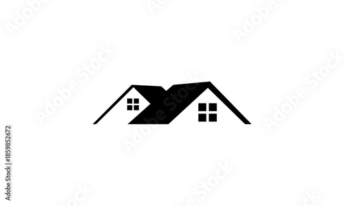Minimalist black silhouette of a house roofline with windows on a white background.