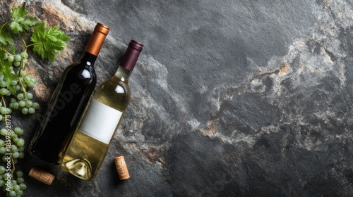 Two wine bottles are placed on a dark stone surface alongside green grape clusters and corks. The setting appears to be a kitchen with natural light.
