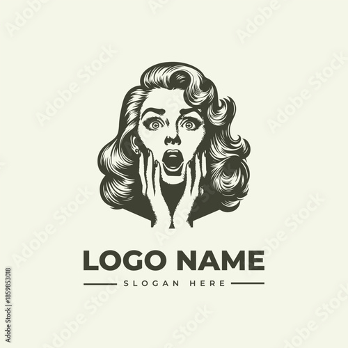 A stylized illustration of a shocked woman with a logo and slogan on a beige background, conveying a dramatic expression.