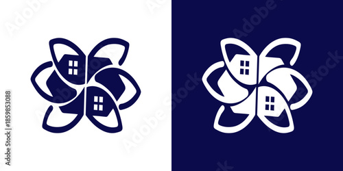 Nature House Leaf Logo. This ecofriendly design features a house nestled within six stylized leaves. It symbolizes sustainable living, natural property, and environmental commitment.