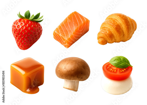 Various fresh food ingredients including strawberry, salmon, croissant, caramel, mushroom, and mozzarella, showcasing a diverse culinary selection.