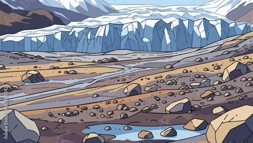 stylized arctic glacial landscape illustration depicting a formidable ice wall, rocky moraine, and shimmering meltwater streams under a clear open sky