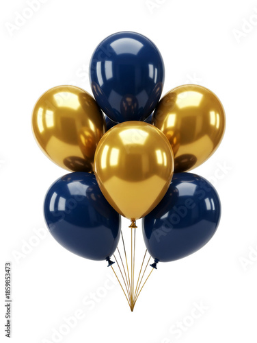 Shiny gold and blue balloons arranged in a festive bouquet, perfect for celebrating joyous events and luxurious special occasions with elegance.