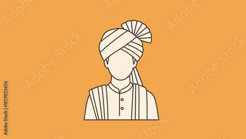 Simple line drawing of a man wearing traditional turban on orange background.